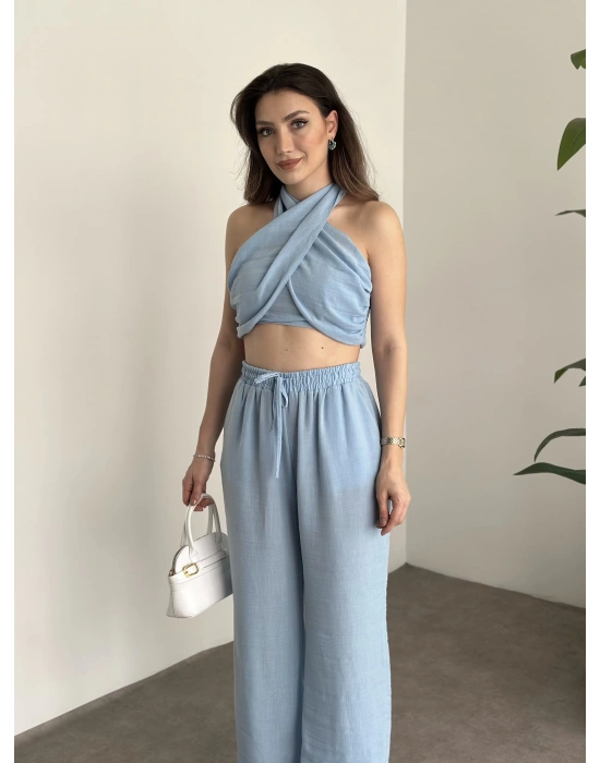 Çapraz bağlama detaylı keten takım bebek mavisi