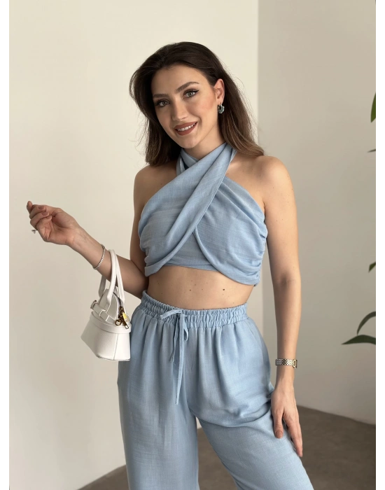 Çapraz bağlama detaylı keten takım bebek mavisi