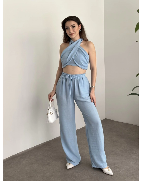 Çapraz bağlama detaylı keten takım bebek mavisi