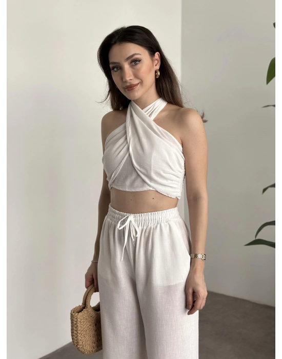 Çapraz bağlama detaylı keten takım beyaz