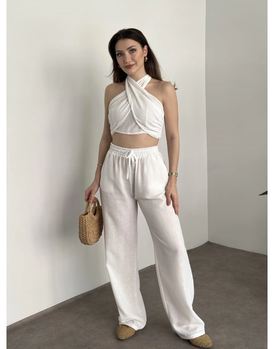 Çapraz bağlama detaylı keten takım beyaz