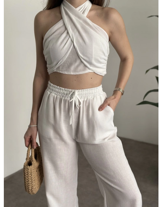 Çapraz bağlama detaylı keten takım beyaz
