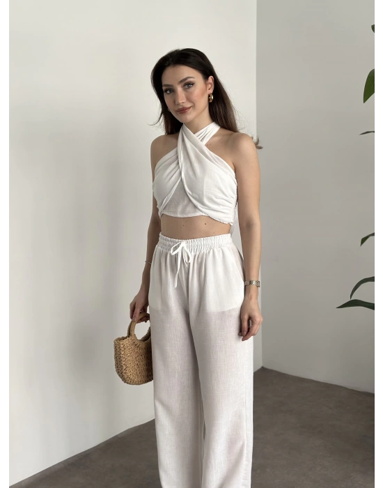Çapraz bağlama detaylı keten takım beyaz