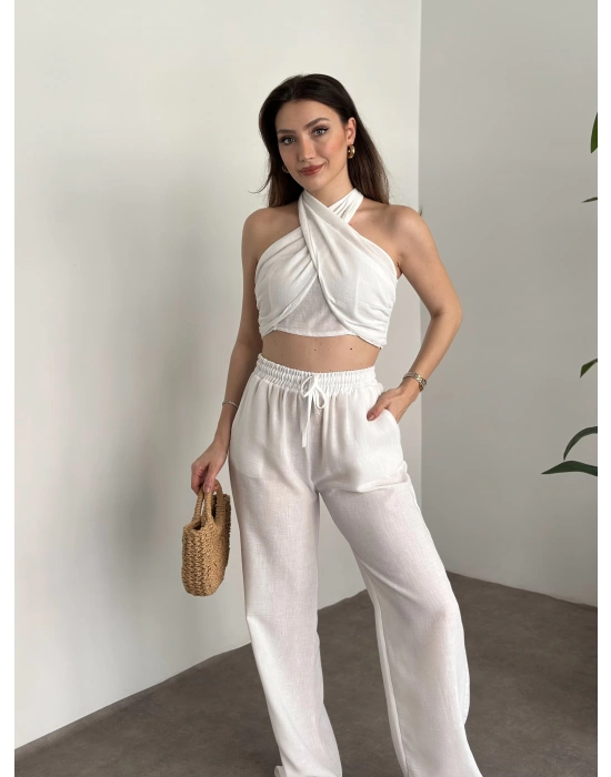 Çapraz bağlama detaylı keten takım beyaz