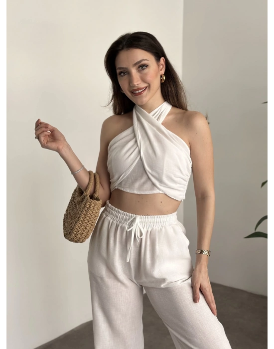 Çapraz bağlama detaylı keten takım beyaz
