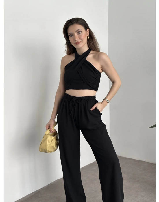 Çapraz bağlama detaylı keten takım siyah