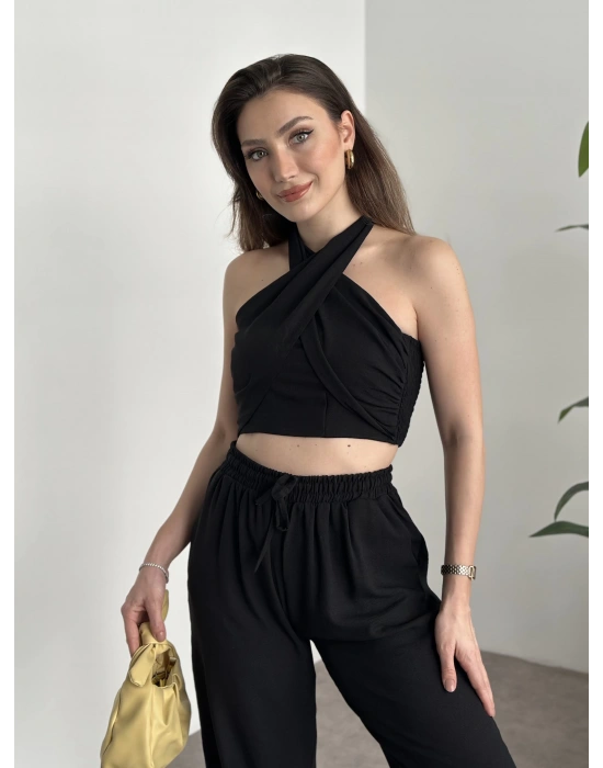 Çapraz bağlama detaylı keten takım siyah
