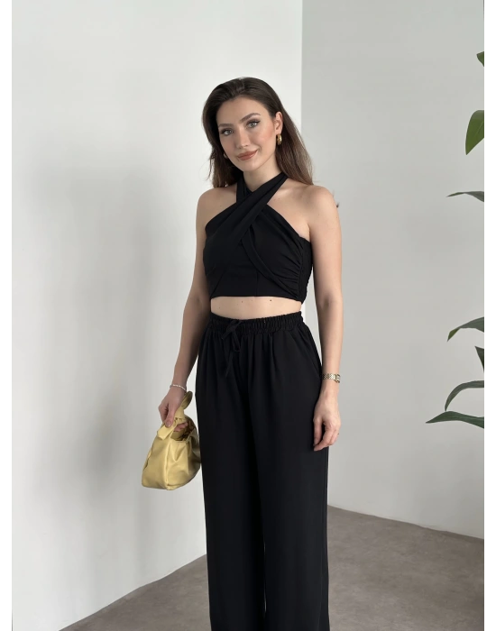 Çapraz bağlama detaylı keten takım siyah