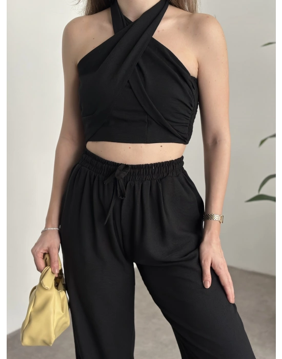 Çapraz bağlama detaylı keten takım siyah