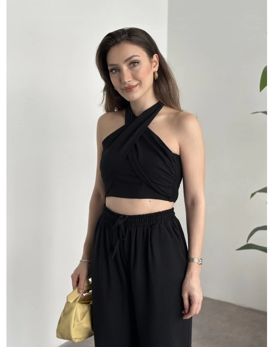 Çapraz bağlama detaylı keten takım siyah