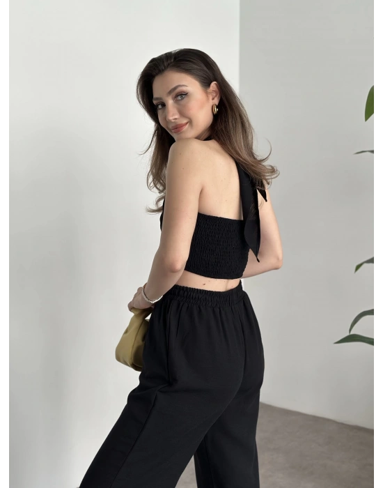 Çapraz bağlama detaylı keten takım siyah