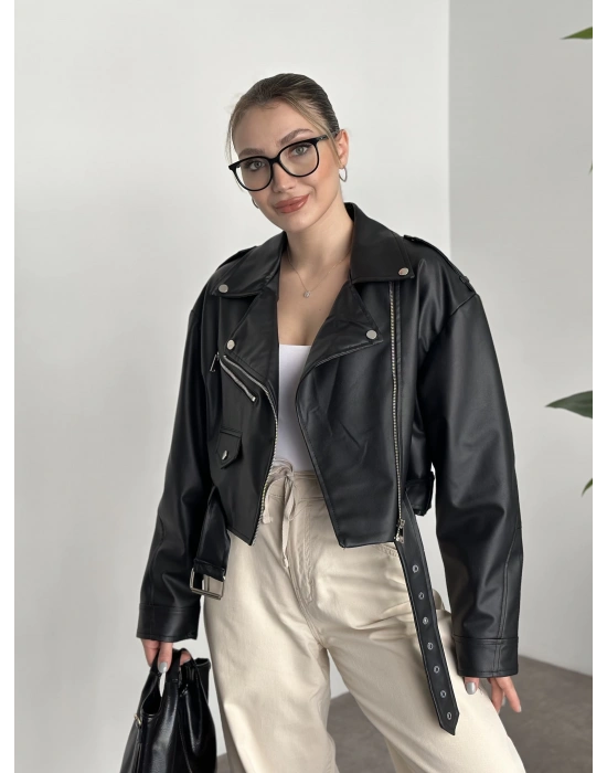 Çapraz fermuarlı kemer detaylı crop deri ceket siyah