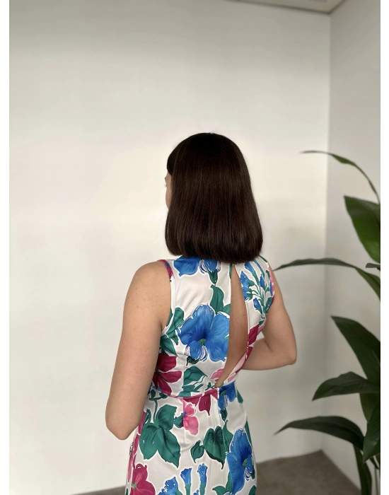 çiçek desenli sıfır kol saten tulum