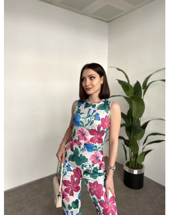 çiçek desenli sıfır kol saten tulum