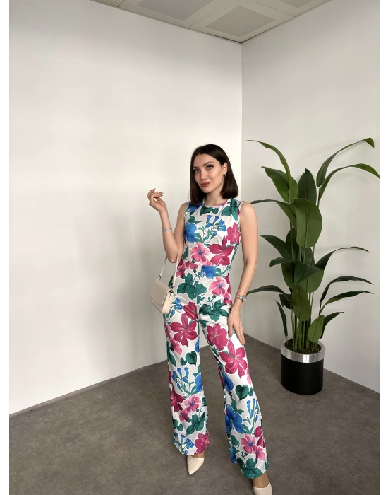 çiçek desenli sıfır kol saten tulum