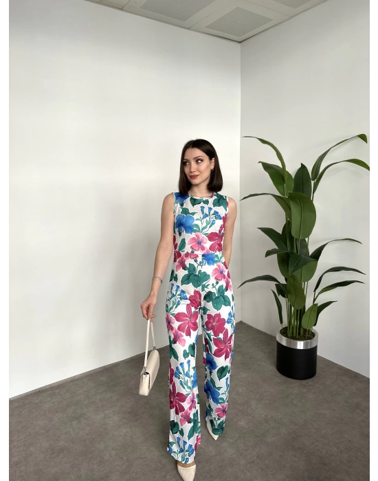 çiçek desenli sıfır kol saten tulum