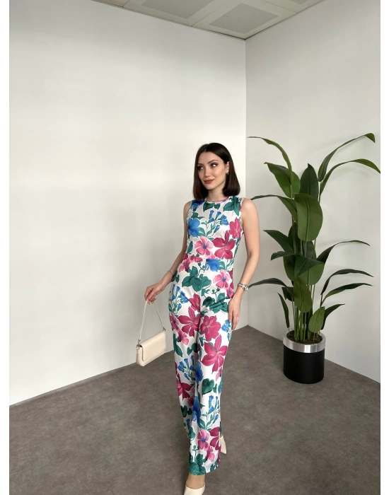 çiçek desenli sıfır kol saten tulum