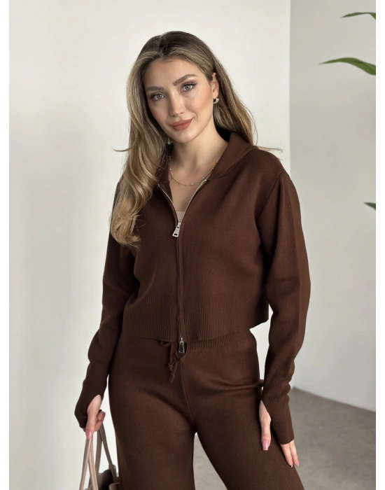 Çift fermuarlı kapşonlu triko takım kahve
