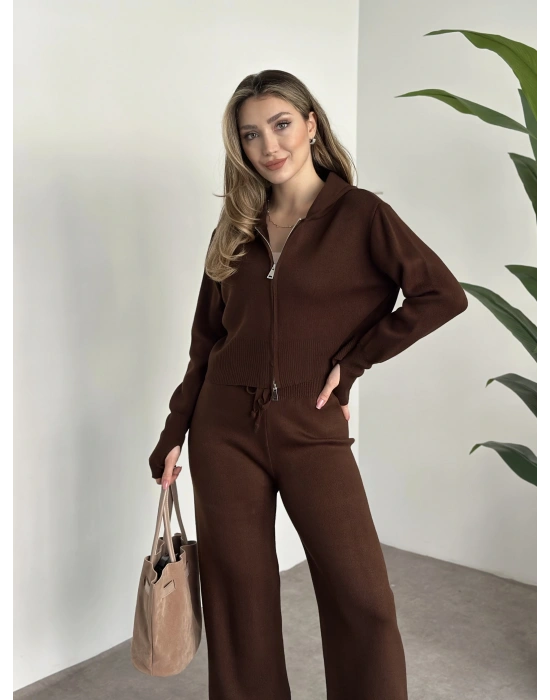 Çift fermuarlı kapşonlu triko takım kahve