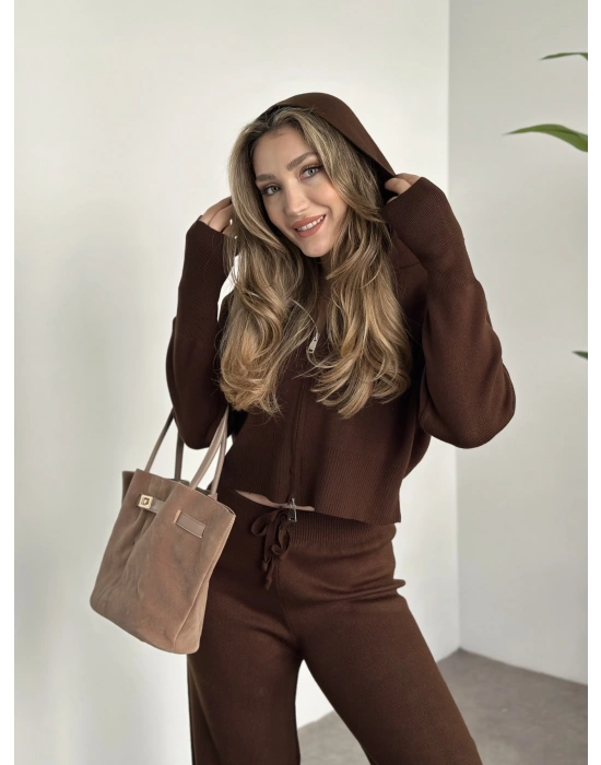 Çift fermuarlı kapşonlu triko takım kahve