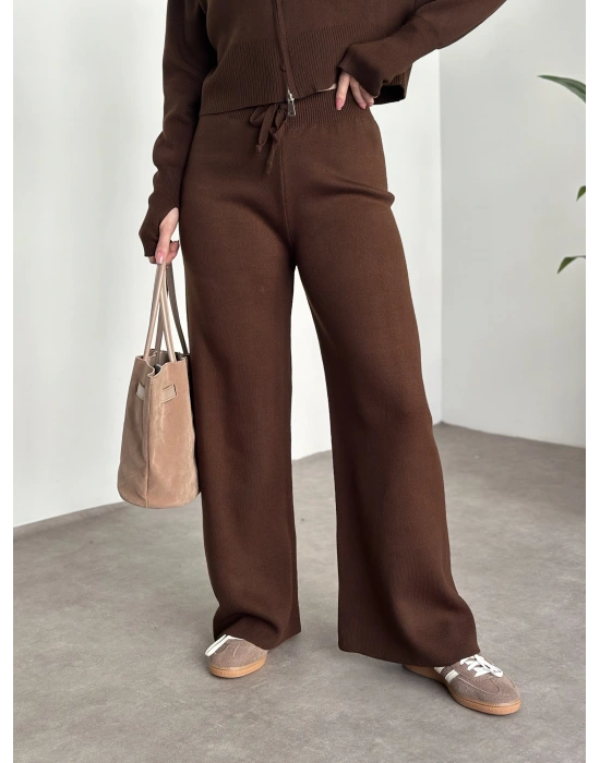 Çift fermuarlı kapşonlu triko takım kahve