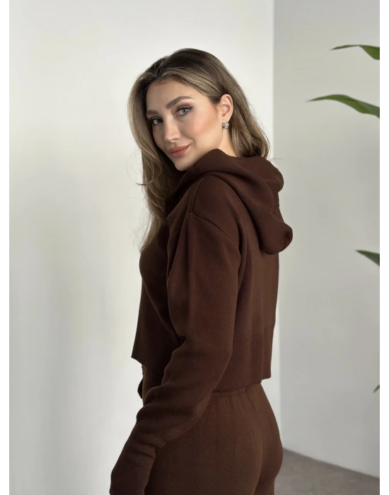 Çift fermuarlı kapşonlu triko takım kahve