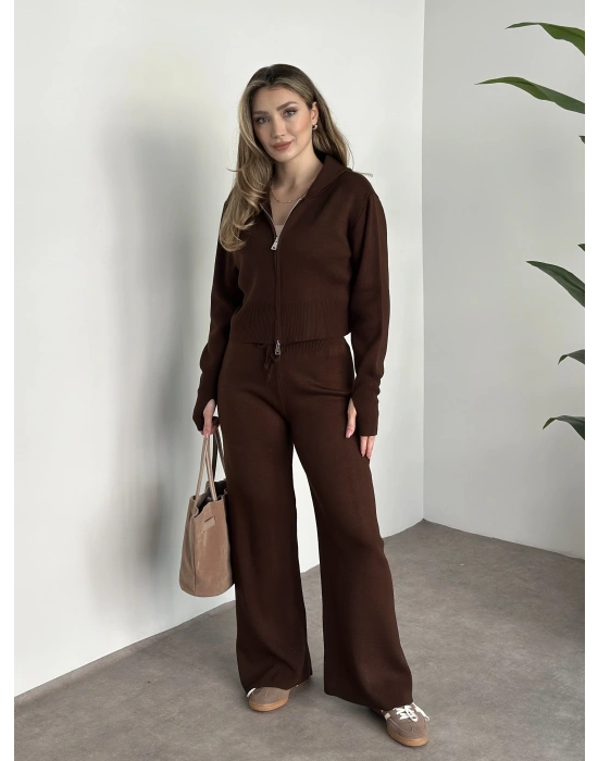Çift fermuarlı kapşonlu triko takım kahve