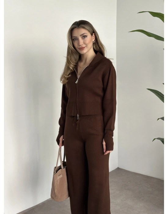 Çift fermuarlı kapşonlu triko takım kahve