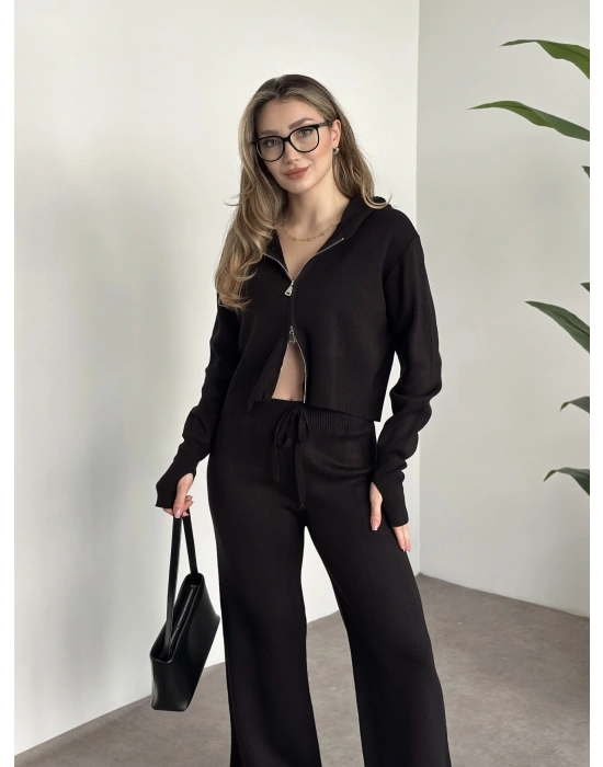 Çift fermuarlı kapşonlu triko takım siyah