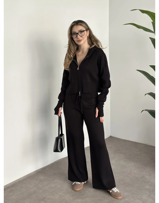 Çift fermuarlı kapşonlu triko takım siyah