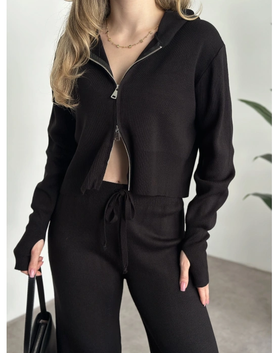 Çift fermuarlı kapşonlu triko takım siyah