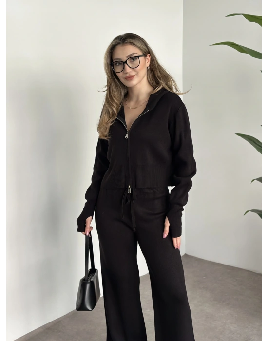 Çift fermuarlı kapşonlu triko takım siyah