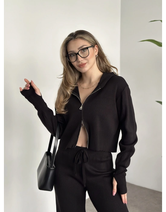 Çift fermuarlı kapşonlu triko takım siyah