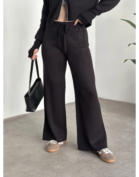 Çift fermuarlı kapşonlu triko takım siyah