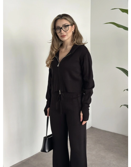 Çift fermuarlı kapşonlu triko takım siyah