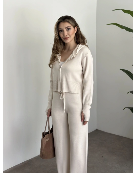 Çift fermuarlı kapşonlu triko takım taş