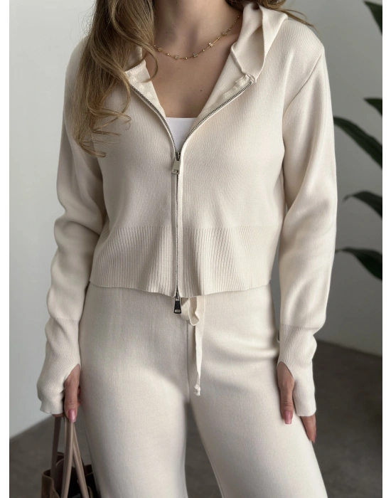 Çift fermuarlı kapşonlu triko takım taş