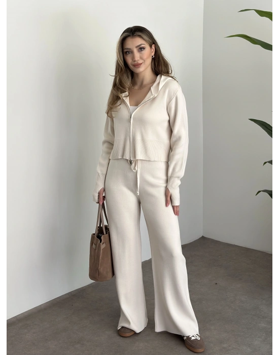 Çift fermuarlı kapşonlu triko takım taş