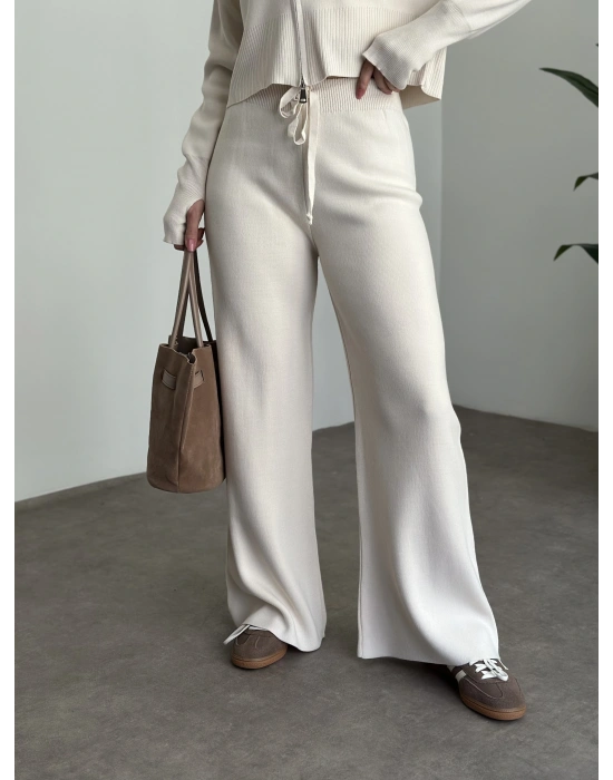 Çift fermuarlı kapşonlu triko takım taş