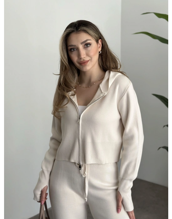 Çift fermuarlı kapşonlu triko takım taş