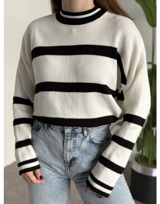 Çizgili bisiklet yaka kazak Siyah