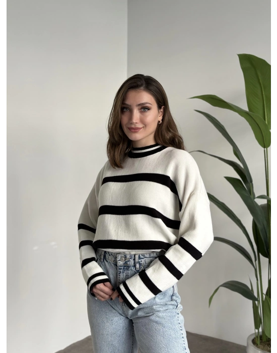 Çizgili bisiklet yaka kazak Siyah