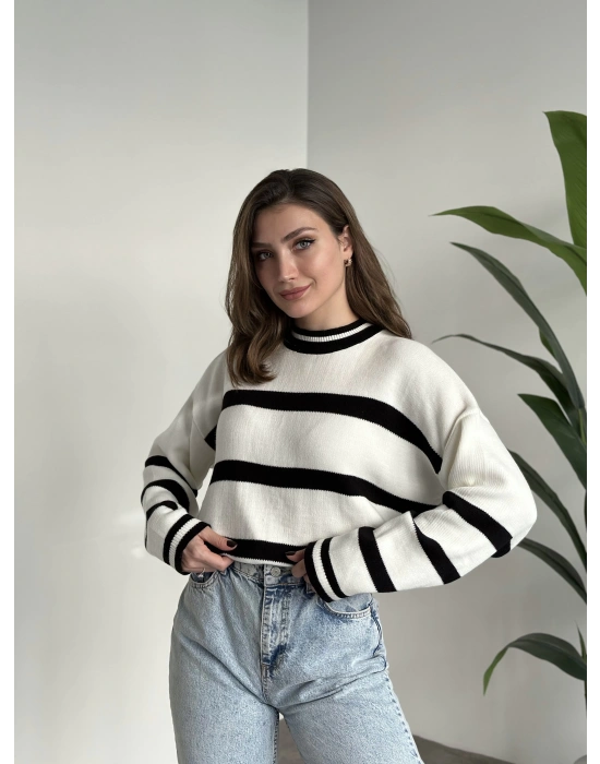 Çizgili bisiklet yaka kazak Siyah