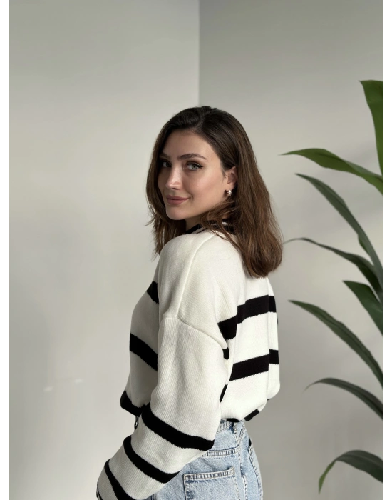 Çizgili bisiklet yaka kazak Siyah