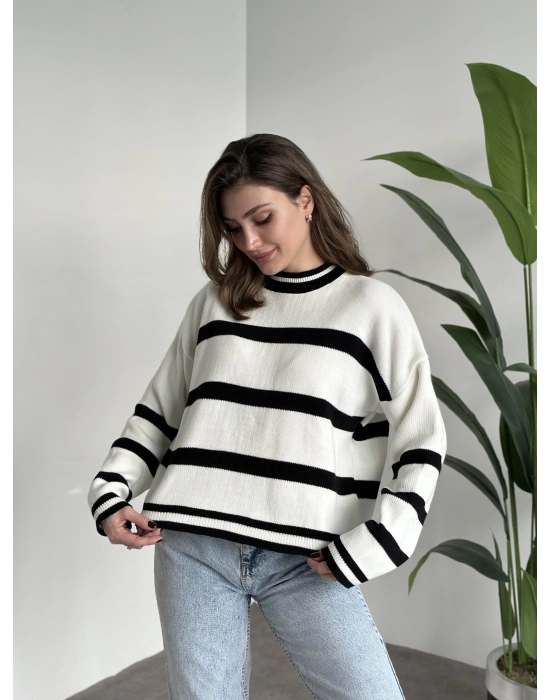 Çizgili bisiklet yaka kazak Siyah