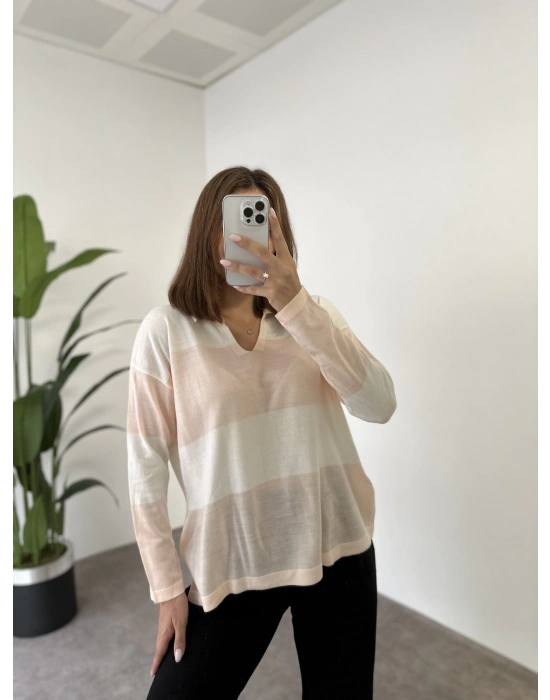 Çizgili Gömlek Yaka Kazak - Açık Pudra