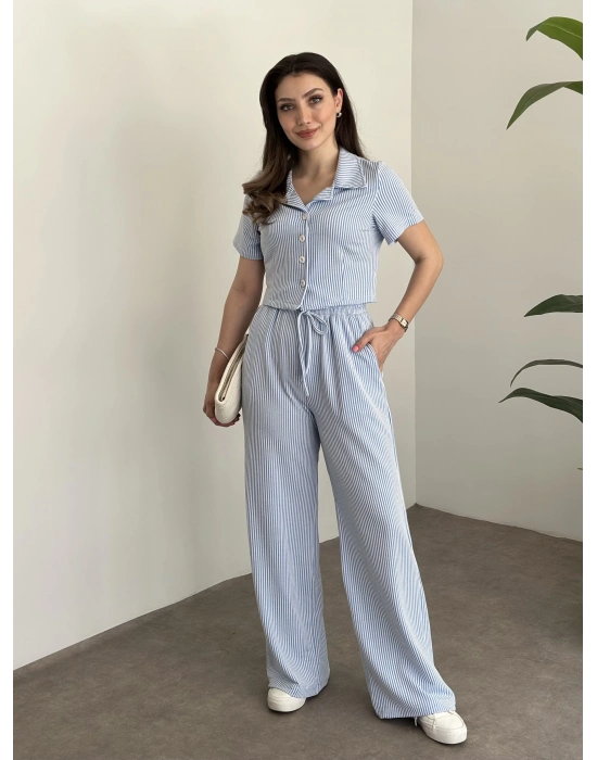 Çizgili örme gömlek yaka takım mavi
