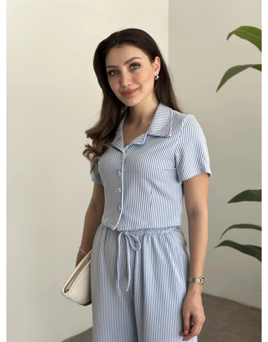 Çizgili örme gömlek yaka takım mavi