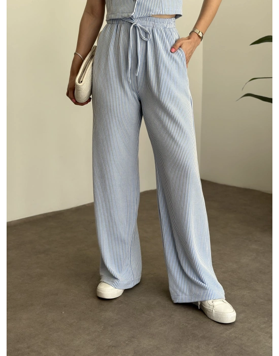 Çizgili örme gömlek yaka takım mavi