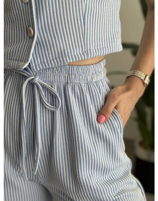 Çizgili örme gömlek yaka takım mavi